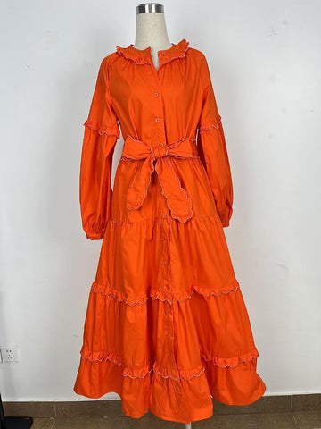 Tide Brand 2025 Spring Round Collar Lotus Lantern Sleeve Strap To Close The Waist Orange Red Dress Dress Dress
